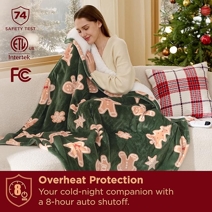Bedsure Electric Blanket Twin - Soft Flannel Sherpa Heated Blanket with Gingerbread Pattern, for Grandma, Heating with 6 Heating Levels, 10 Time Settings, and 8-Hour Auto-Off (62"x84")