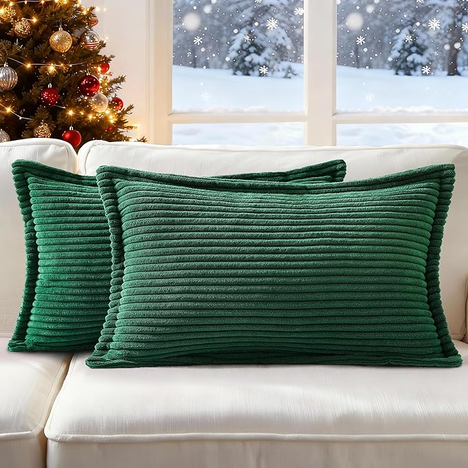 Mecatny Christmas Corduroy Throw Pillow Covers 12x20 Set of 2, Neutral Decorative Soft Boho Lumbar Couch Pillow Covers with Broadside for Sofa Living Room, Green