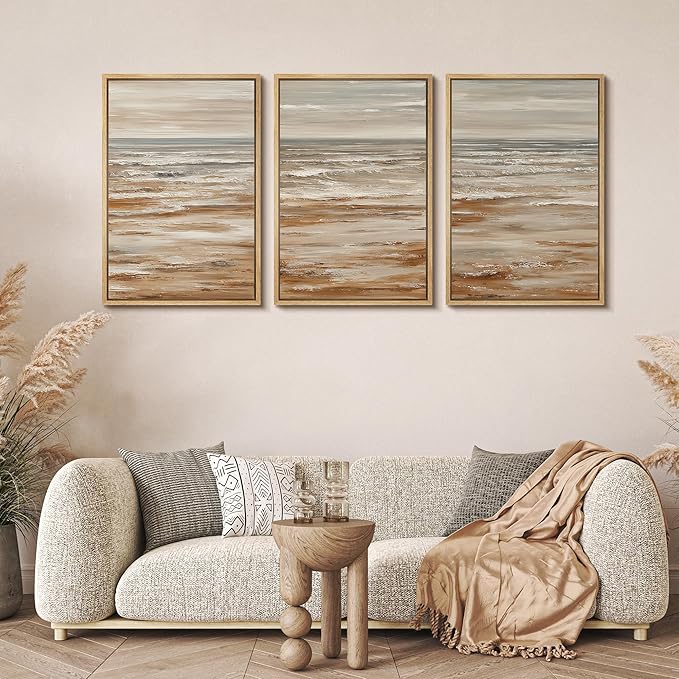 MUDECOR Framed Wall Art Print Set Neutral Coastal Seascape Minimalist Ocean Waves and Sandy Shore Illustrations Modern Art Boho Decorative for Living Room, Bedroom, Office - 24"x36"x3 NATURAL