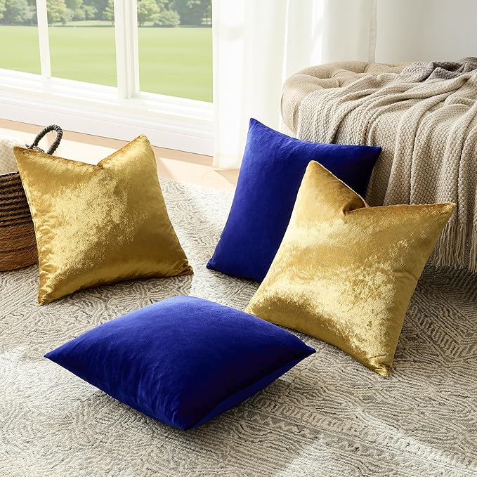 GIGIZAZA Velvet Gold Blue Pillow Covers 18x18，Pack of 4 Decorative Throw Pillow Soft Covers Square Couch Pillow Modern Covers Living Room Luxury Cushion Covers