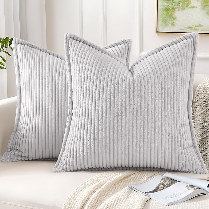 Mecatny Corduroy Throw Pillow Covers 16x16 Set of 2, Neutral Decorative Soft Boho Couch Pillow Covers with Broadside for Sofa Living Room, Grey