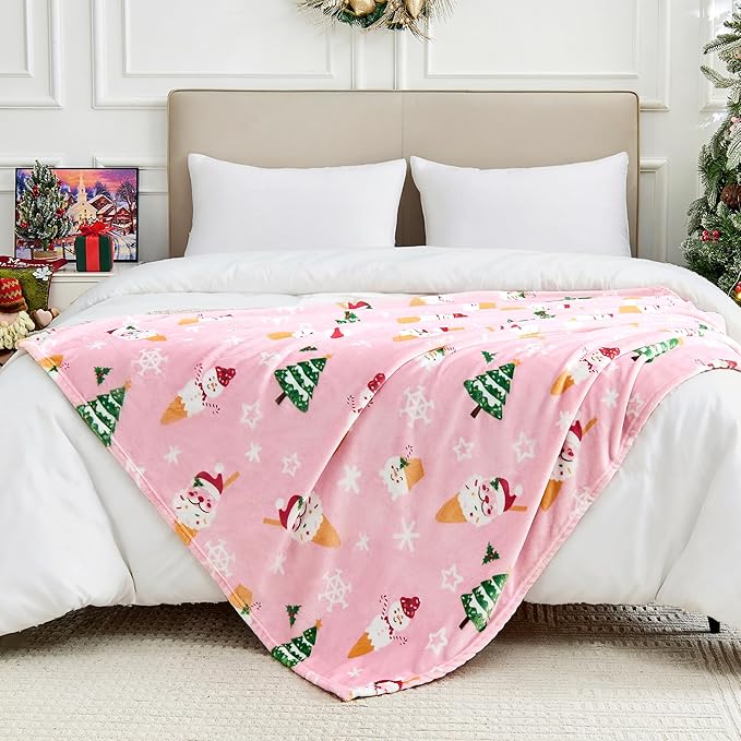 Christmas Blanket Soft Cozy Pink Throws with Snowman Snowflake Santa Claus and Xmas Trees Print, Fuzzy Warm Christmas Throw Blanket for Couch Bed Holiday Decorations Gifts 60"x80" (Pink)