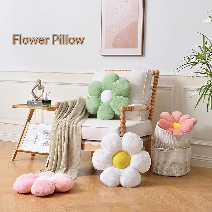 Flower Pillow，Daisy Flower Throw Pillow 15.7In Floor Pillow Cushion Cute White Home Decorative Pillows for Sofa Couch Bed