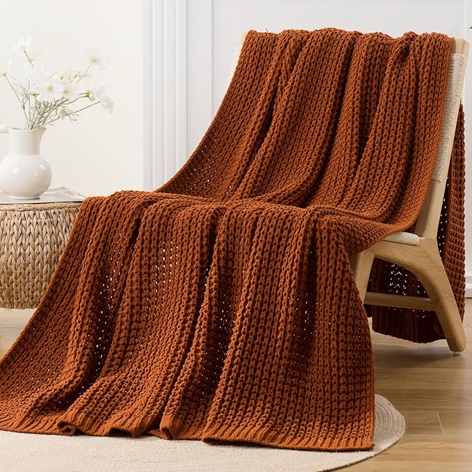 Bunnikins & Clover Knitted Waffle Blanket Throw, Fall Throw Blanket for Home Decoration, Caramel Throw Blanket for Couch, 50"x60"