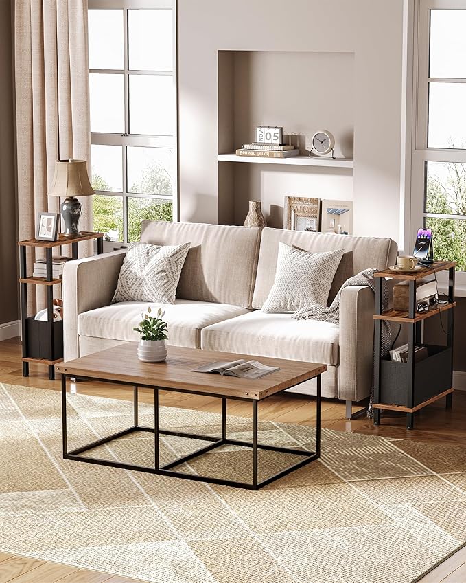 Set of 2 End Tables with Charging Station, Narrow Side Table for Small Spaces, Slim Nightstand with Basket, Skinny Bedside Table, for Living Room, Bedroom, Rustic Brown and Black TBZ07UP2BF