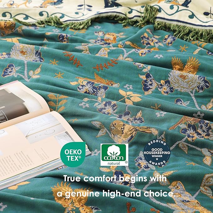 Boho 100% Cotton Large Throw Blanket King - All Season Rustic Ultra Soft Breathable Floral Bird Blanket for Bed Sofa Couch Chair Bedspread Quilt Gift, 91" x 108"-Teal/Beige
