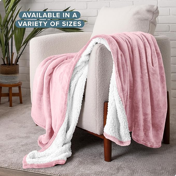 Bare Home Sherpa Fleece Blanket - Full/Queen Size - Blanket for Bed, Sofa, and Couch - Warm & Lightweight - Fluffy & Soft - Reversible (Full/Queen, Light Pink)