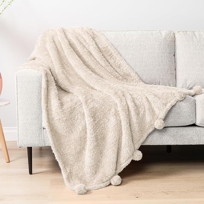 PAVILIA Cream Sherpa Throw Blanket for Couch, Warm Plush Pom Pom Blanket Throw Twin, Ivory Fuzzy Sofa Blanket Throw for Bed, Lightweight Soft Cozy Fluffy Blanket with Pom Poms, Beige, 60x80