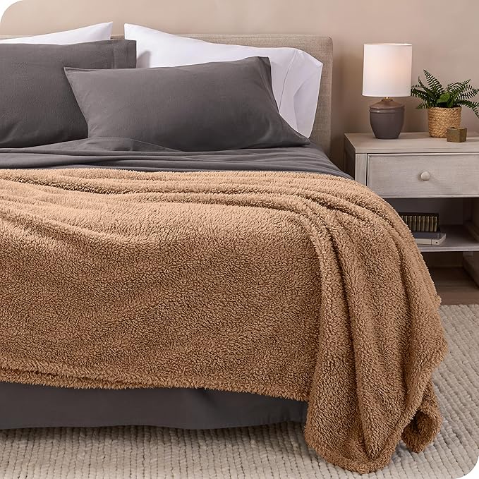 Bare Home Faux Shearling Blanket - Blanket for Bed, Sofa, Couch, Camping, Travel, and Gifts - Warm & Lightweight Throw - Fluffy & Soft (Twin/Twin XL, Solid Teddy Bear Brown)
