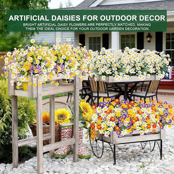 12 Bundles Artificial Daisy Flowers for Outdoors Summer Decor, UV Resistant No Fade Fake Flowers Faux Plastic Greenery Shrub Plants for Hanging Planter Home Gardens Porch Cemetery Décor(Mix 4 Colors)