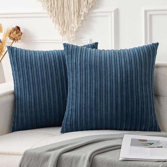 UGASA Velvet 26x26 Inch Soft Throw Pillow Covers Decorative Corduroy Striped Both Sides Solid Square Cushion Cases Boho Farmhouse for Couch Bedroom Sofa Home, Pack of 2, Dusty Blue