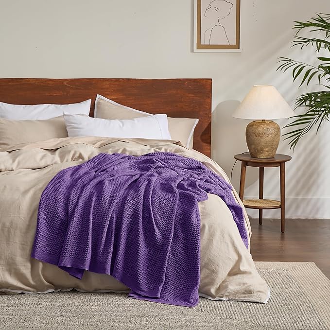 Bedsure Gentlesoft 100% Cotton Throw Blanket for Couch 50x70 inches - Breathable and Soft for Spring Summer, Waffle Weave Throw Blanket for Office, Purple