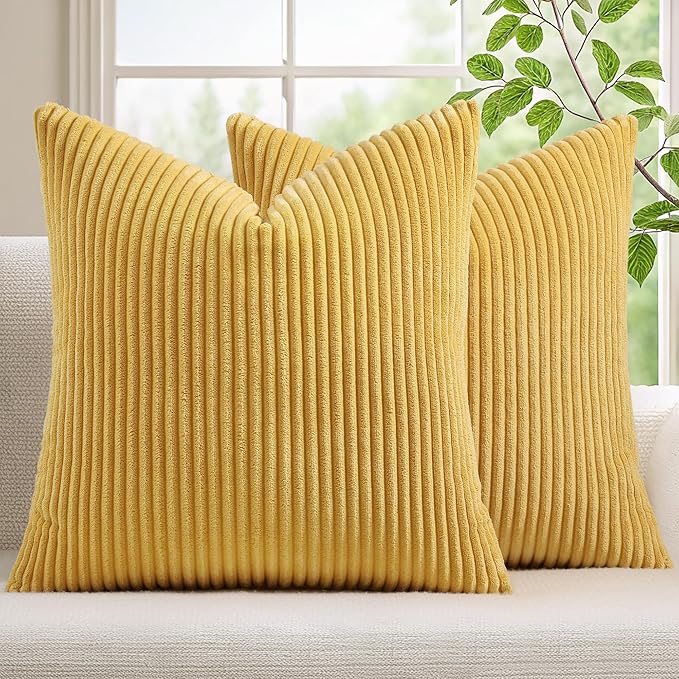 Mecatny Corduroy Decorative Throw Pillow Covers 22x22 Set of 2 for Sofa Living Room, Soft Neutral Boho Couch Pillow Covers for Home Decor, Mustard Yellow