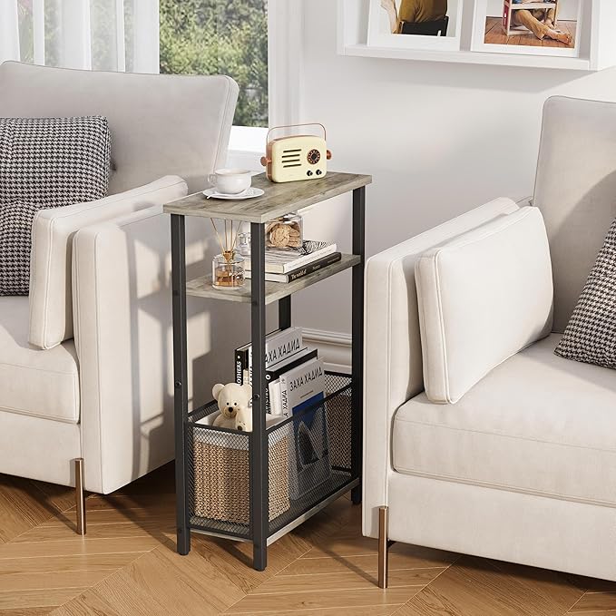 Narrow Side Table with Storage Basket Skinny End Tables for Smalls Spaces 3 Tier Sofa Table Small Nightstand Slim Bedside Table for Living Room Bedroom Oak MLBZ22Q