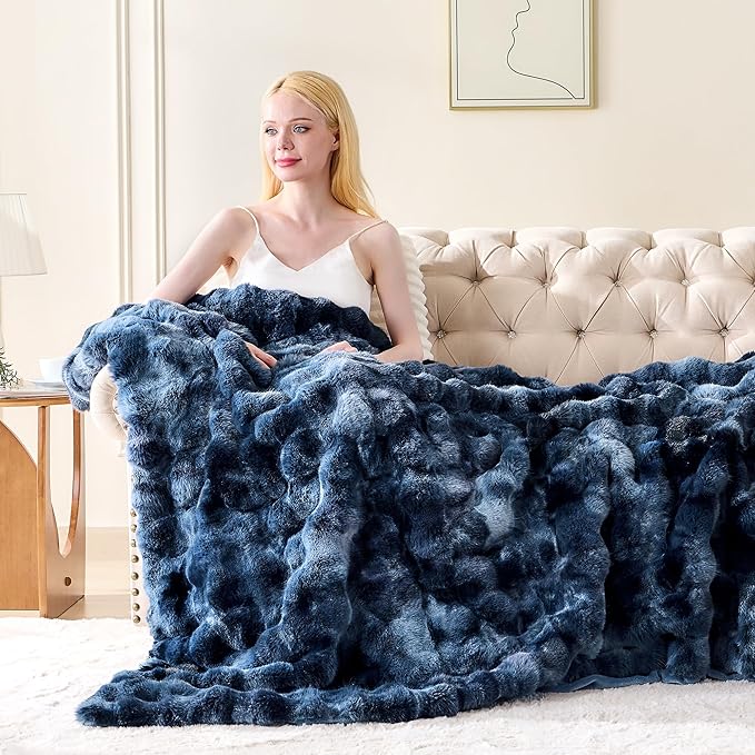 Luxury 1000GSM Faux Rabbit Fur Throw Blanket, Super Heavy Warm Cozy Blankets for Couch Bed Sofa, Bubble Plush Fuzzy Elegant Soft Reversible Mink Blanket for Living Room Bedroom, Tie-dye Blue