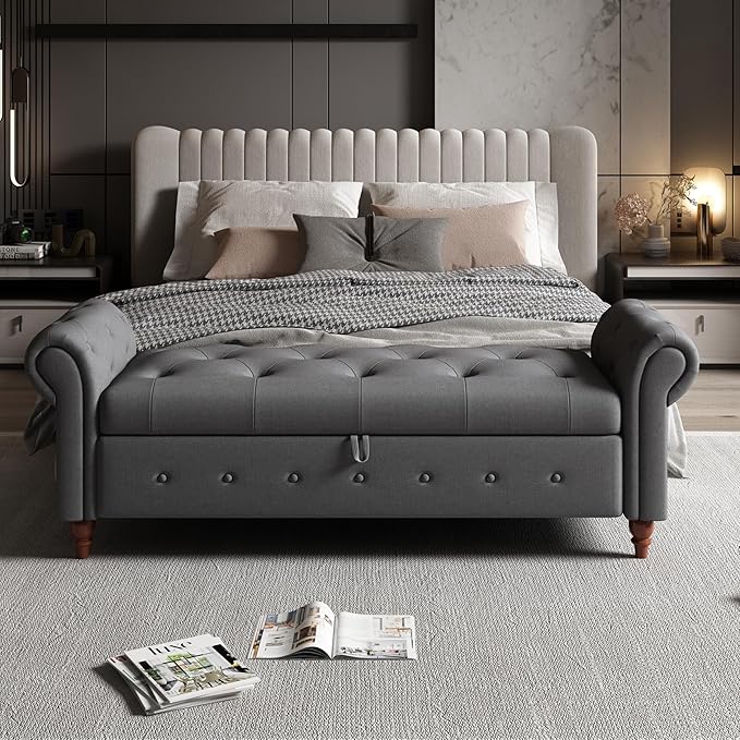 Aoowow Rolled Arm Storage Benches for Bedroom End of Bed Ottoman Bench 63" Long Bench with Storage and Seating for Living Room,Entryway,Window,Button Tufted with Solid Wood Legs (Linen Dark Grey)