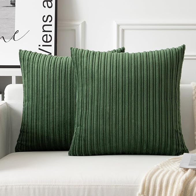 UGASA Velvet 26x26 Inch Soft Throw Pillow Covers Decorative Corduroy Striped Both Sides Solid Square Cushion Cases Boho Farmhouse for Couch Bedroom Sofa Home, Pack of 2, Moss Green