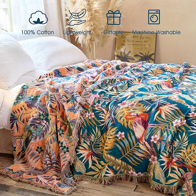Boho Throw Blanket - 100% Cotton Ultra Soft Muslin Spring Blanket, 60"x80" Lightweight Floral Bird Framhouse Bedding Blanket for Bed, All Season Blue Bohemian Bedroom Home Decor Quilt