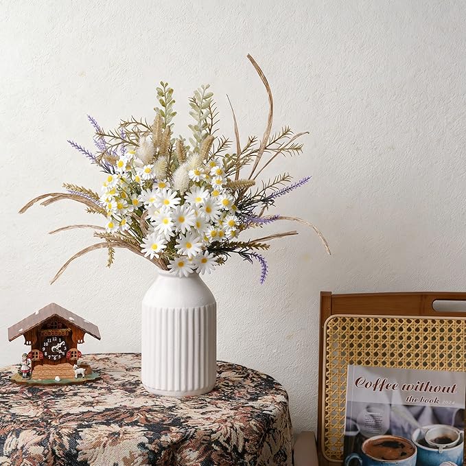 Artificial Flowers with White Ceramic Vase – Spring Farmhouse Floral Centerpiece Table Decorations, Faux Lavender & Daisy Flower Arrangement for Coffee Table, Dining Room, Living Room & Home Decor