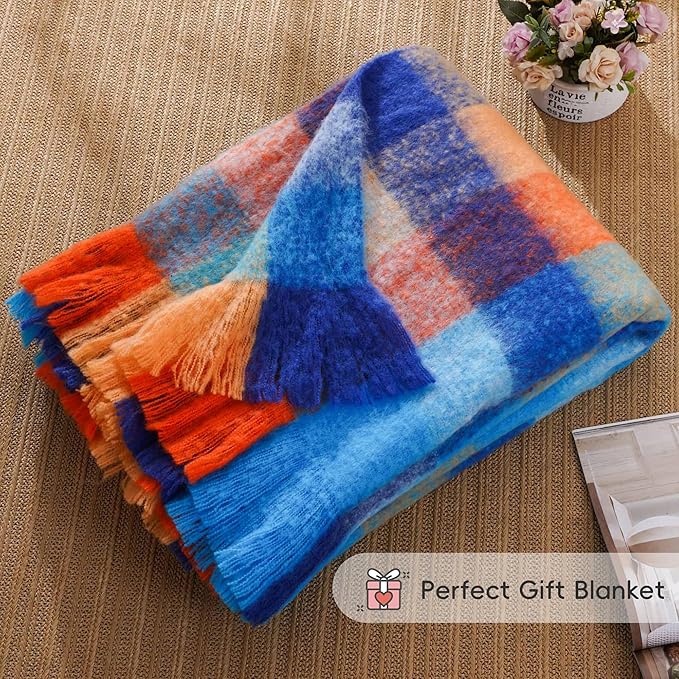 BATTILO Colorful Plaid Throw Blanket for Couch Bed, Fall Blue Plaid Throw Blanket with Vibrant Colors,Super Soft Cozy Cashmere Mohair Tartan Plaid Blanket for Fall Decor Home Decor(50"x60")
