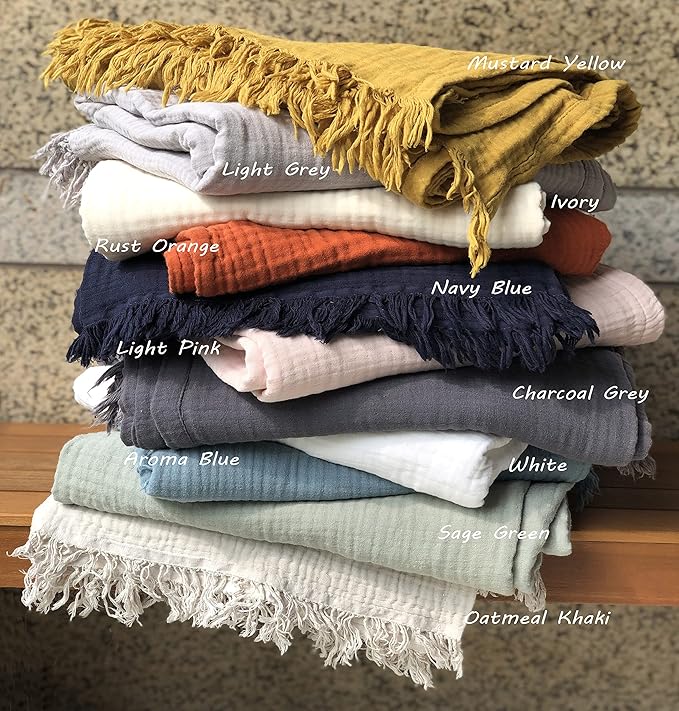 KyraHome 100% Cotton Muslin Throw Blankets for Couch, 50"x60" Pre-Washed Plant Dyed, Breathable, Lightweight Muslin Throw Blankets for Adults, All Season, Mustard Yellow