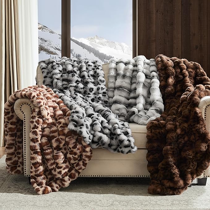 WDCOZY Luxury Bubble Throw Blanket, Faux Fur Mink Plush Throw for Couch, Sofa and Bed, Soft Fluffy Fuzzy Furry Cozy Blanket, Thick and Warm, 50x60 inches, Beige Tan Taupe Camel, 950 GSM