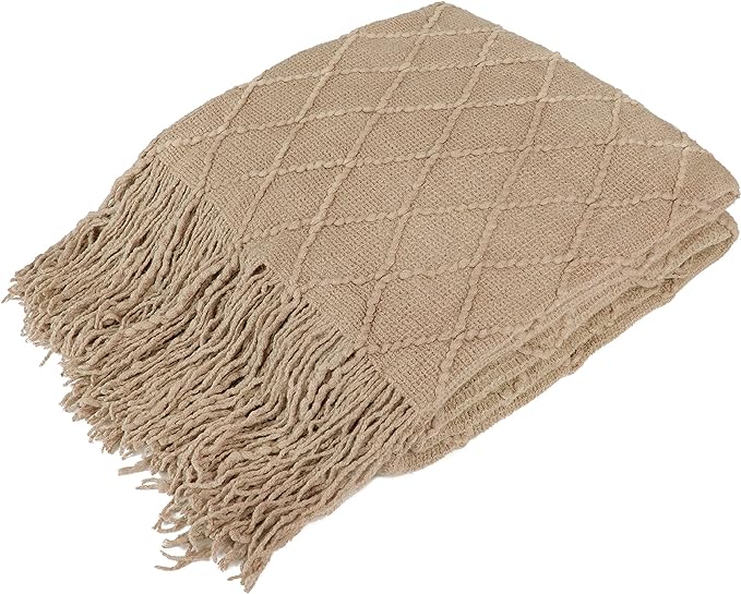 PAVILIA Tan Taupe Knit Throw Blanket for Couch Bed, Soft Knitted Farmhouse Sofa Throw for Living Room, Lightweight Decorative Fall Throw Blanket for Chair, Outdoor Textured Boho Blanket, 50x60