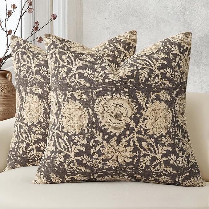 Vintage Floral Print Throw Pillow Covers 24x24 Set of 2 Neutral Modern Farmhouse Pillowcases Accent Decorative Cushion Covers Boho Home Decor for Couch Sofa Chair Bed Living Room, Rustic Gray