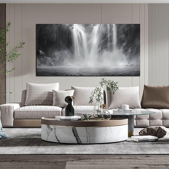 Waterfall Pictures for Living Room - Landscape Black and White Canvas Wall Art for Office - Large Abstract Bedroom Wall Decor Above Bed Size 29" x 59"