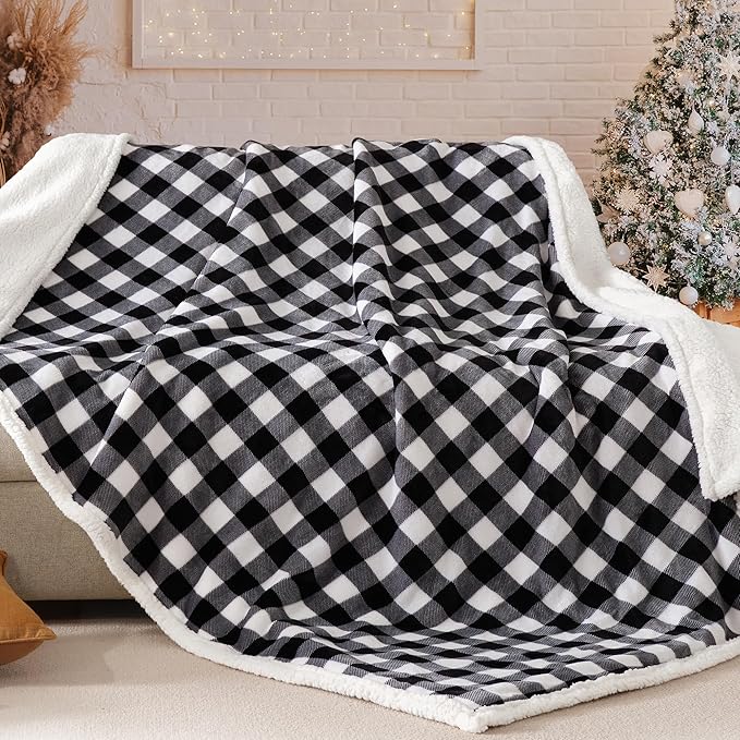 BEAUTEX Sherpa Fleece Flannel Throw Blanket, Super Soft Warm Buffalo Plaid Plush Blankets and Throws, Lightweight Cozy Fuzzy Blanket for Couch Sofa Bed (Black, Throw 50" x 60")