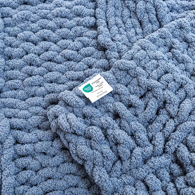WESHIONGOO Chunky Knit Blanket Throw 50"×60" Knitted Throw Blankets for Couch Bed Fluffy Soft Blanket with Jumbo Chenille Yarn Thick 100% Handmade (Dusty Blue)