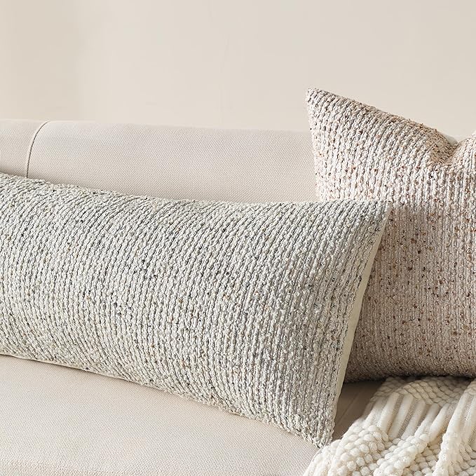 Allorry Decorative Lumbar Pillow Cover 14x36 Beige Striped Wool Long Body Pillow Neutral Textured Boho Lumbar Throw Pillow Cushion Covers for Modern Farmhouse Sofa Bed Living Room Decor SY011-A14