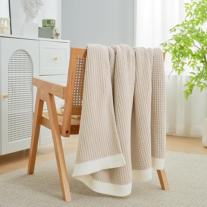 Amélie Home Waffle Throw Blanket for Couch Twin, Soft Cozy Chenille Knit Blanket Warm Decorative Throw for Sofa, Bed, Living Room, 60"x80", Beige