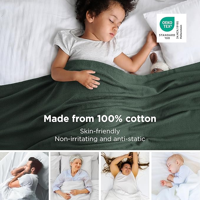 Bedsure GentleSoft 100% Cotton Large Throw Blanket for Couch 50x70 inches - Breathable and Lightweight, Soft Cozy Herringbone Woven Cotton Throw for Summer, Dark Green Office Chair Blanket
