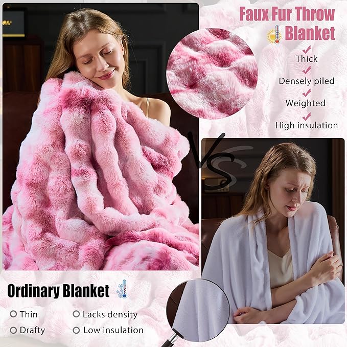 Faux Fur Throw Blanket for Couch, Fluffy Fuzzy Plush Bubble Blanket, Soft Warm Cozy Shaggy Rabbit Blanket, Luxury Decorative Gifts for Sofa Bedroom Living Room, 108x90inch (Tie-Dye-Pink)