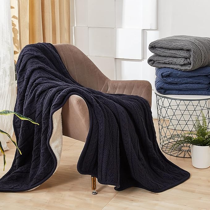 Longhui bedding Acrylic Cable Knit Sherpa Throw Blanket - Thick, Soft, Big, Cozy Navy Knitted Fleece Blankets for Couch, Sofa, Bed - Large 50 x 63 Inches Navy Blue Coverlet All Season