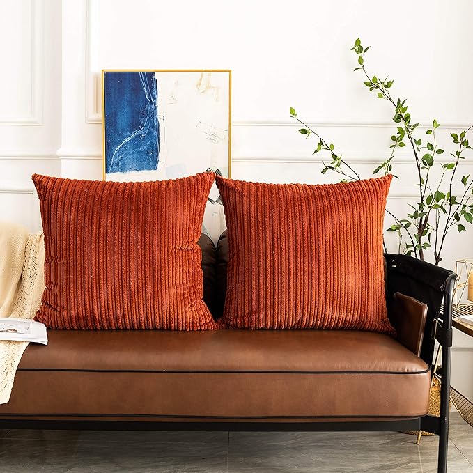 UGASA Fall Decor Super Soft Striped Corduroy Pillow Covers Large Throw Pillow Sham Cushion Cover Living Room, 1 Pc, 24" x 24" (Pack of 1) (61cm), Burnt Brick