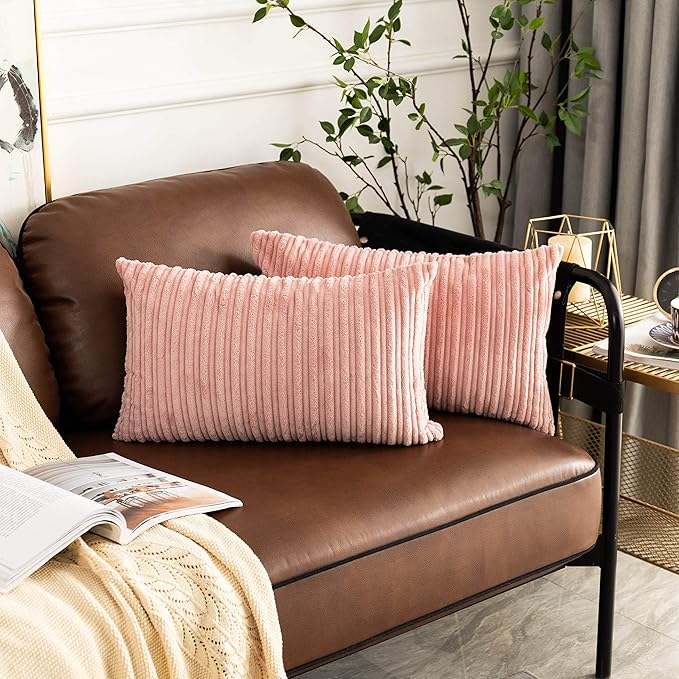UGASA Velvet Pillow Covers Striped Soft Textured Throw Cushion Cases Pack of 2 Valentines Day Accent Corduroy Lumbar Pillowcases with Hidden Zipper for Home Decor Indoor 12"x20", Baby Pink