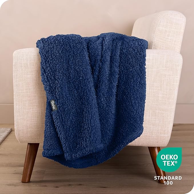 Bare Home Faux Shearling Blanket - King Size - Blanket for Bed, Sofa, Couch, Camping, Travel, and Gifts - Warm & Lightweight - Fluffy & Soft (King, Solid Dark Blue)