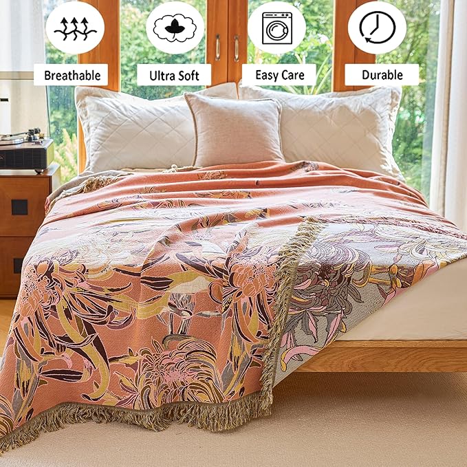 Boho Throw Blanket 60" x 80", 100% Organic Cotton Breathable Skin-Friendly Ultra Soft Bed Quilt Throw - Floral Rustic Decor Luxury Reversible Blanket for Sofa Couch Chair and Gift,