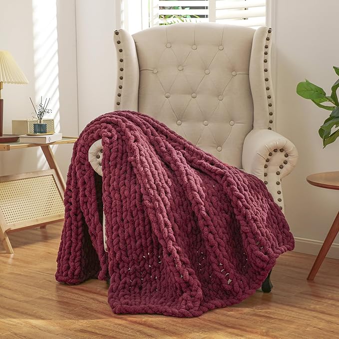 WESHIONGOO Chunky Knit Blanket Throw 51"×63" Knitted Throw Blankets for Couch Bed Fluffy Soft Blanket with Jumbo Chenille Yarn Thick 100% Handmade(Burgundy Red)