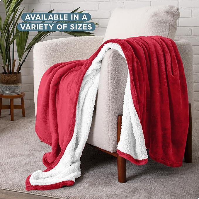 Bare Home Sherpa Fleece Blanket - Throw/Travel Size - Blanket for Bed, Sofa, and Couch - Warm & Lightweight - Fluffy & Soft - Reversible (Throw/Travel, Red)