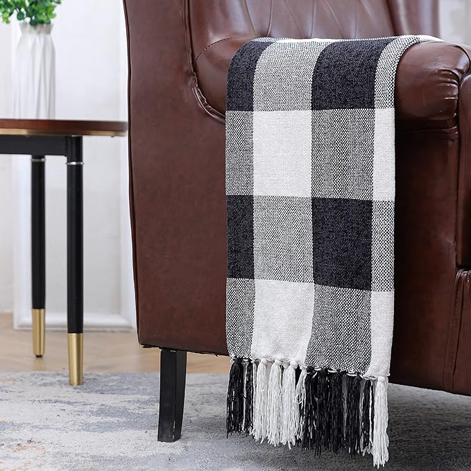 Black White Buffalo Plaid Decor Blanket, Lightweight Soft Chenille Check Knitted Rustic Farmhouse Throw with Tassels for Couch Sofa Chair Bed Office Home, Black and Ivory, 50" x 60"