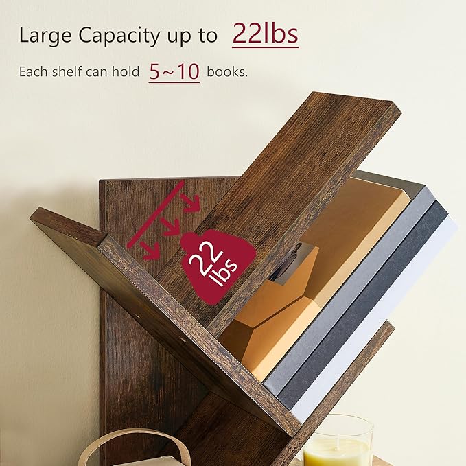 Tajsoon Tree Bookshelf 3 Tier Book Shelves Storage Organizer, Desktop Bookshelf Floor Standing Bookcase Display for Magazine/Books, Small Tree Bookshelf for Bedroom, Living Room Office, Rustic Brown