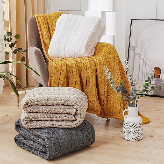 Longhui bedding Mustard Yellow 50 x 63 Inches Acrylic Cable Knit Sherpa Throw Blanket - Thick, Soft, Big, Cozy Yellow Knitted Fleece Blankets for Couch, Sofa, Bed - Large Yellow Coverlet All Season