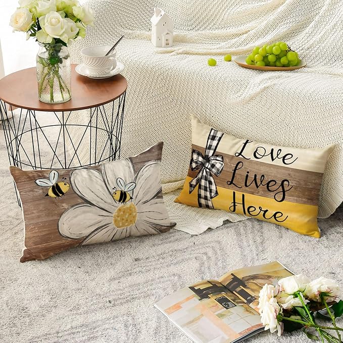 AVOIN colorlife Home Sweet Home Bee Daisy Throw Pillow Covers, 12 x 20 Inch Love Lives Here Spring Summer Stripes Polka Dots Cushion Case for Sofa Couch Set of 4