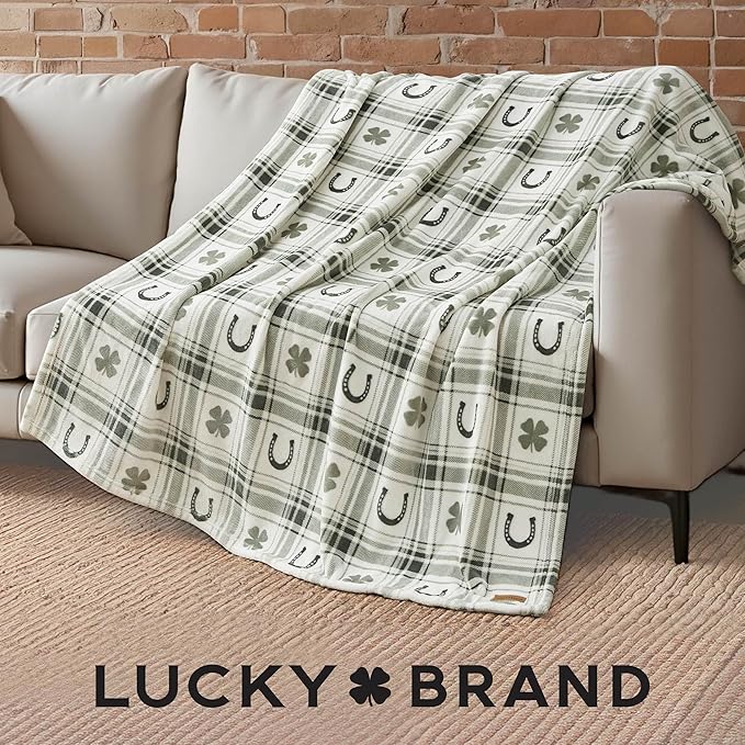 Lucky Brand 50" x 70" Plush Throw Blanket, Clover Horseshoe Plaid Sage Green Blanket for Sofa or Bed