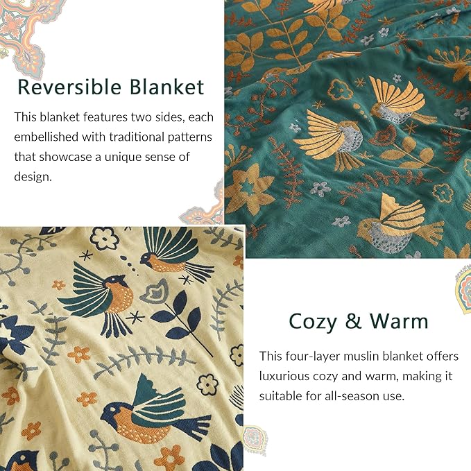 Boho Throw Blanket for Couch Sofa Bed, 100% Cotton Woven Quilt with Tassel 50”x60”, Super Soft Muslin Blanket with Bird Printed, Decorative Reversible Bed Blanket/Cover for All Seasons