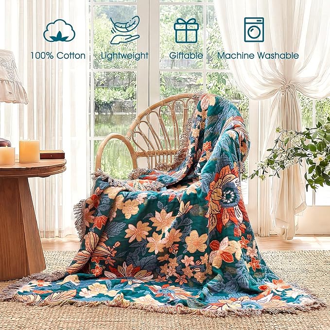 Boho Throw Blanket - 100% Cotton Ultra Soft Muslin Blanket, 90"x90" Lightweight Floral Framhouse Bedding Spring Blanket for Bed, All Season Green Bohemian Bedroom Home Decor Quilt