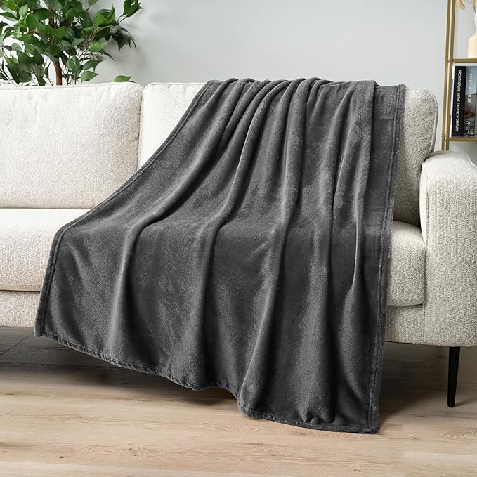 PAVILIA Grey Fleece Throw Blanket for Couch Twin Size, Dark Charcoal Super Soft Fuzzy Flannel Throw for Sofa, Luxury Plush Microfiber Blanket Twin Bed, Home Decorative Velvet Gift Blanket, 60x80